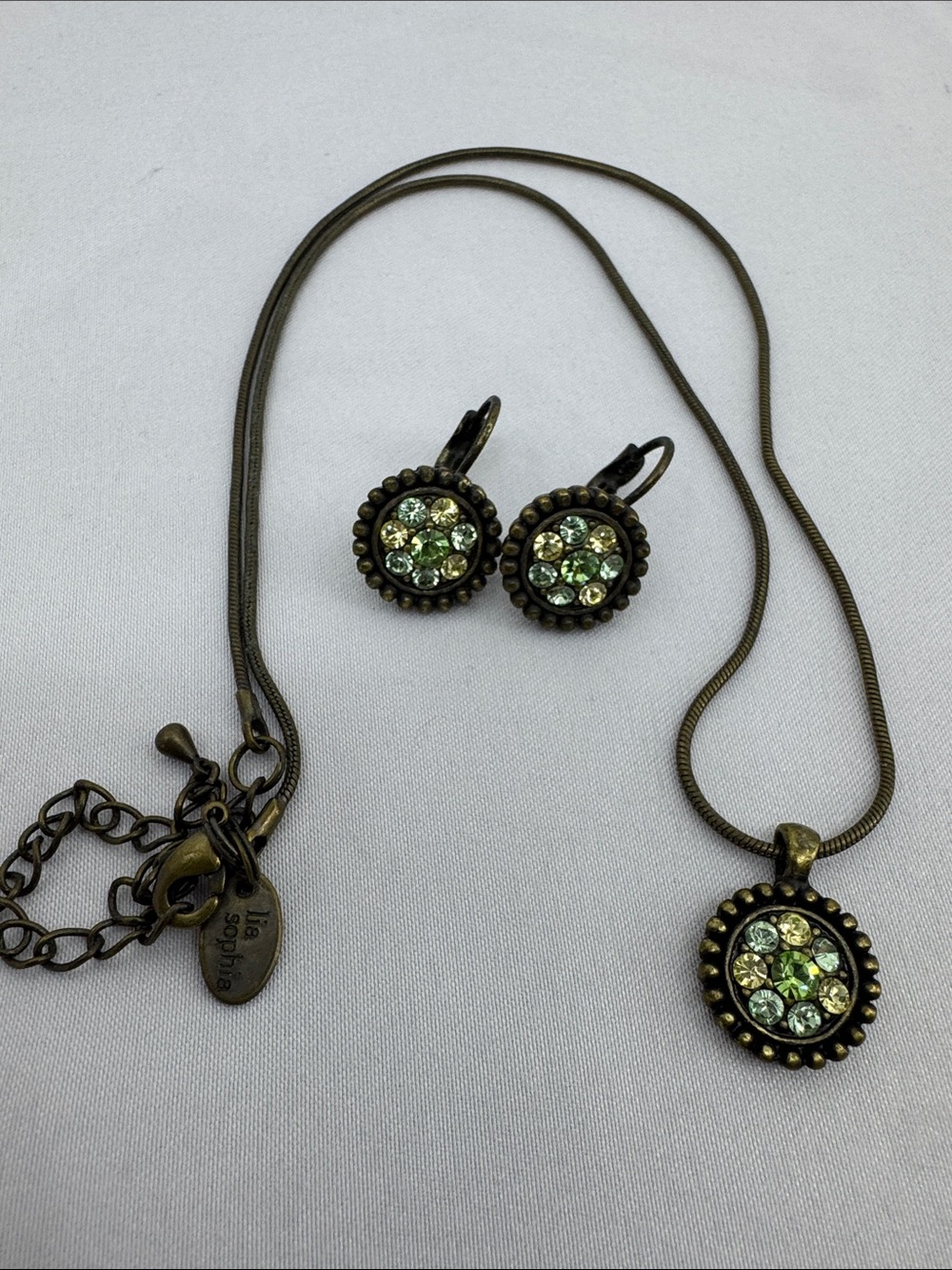 Leah Sophia Seafoam Antique Gold Brass Tone Simple Necklace, Pendant Earring Set